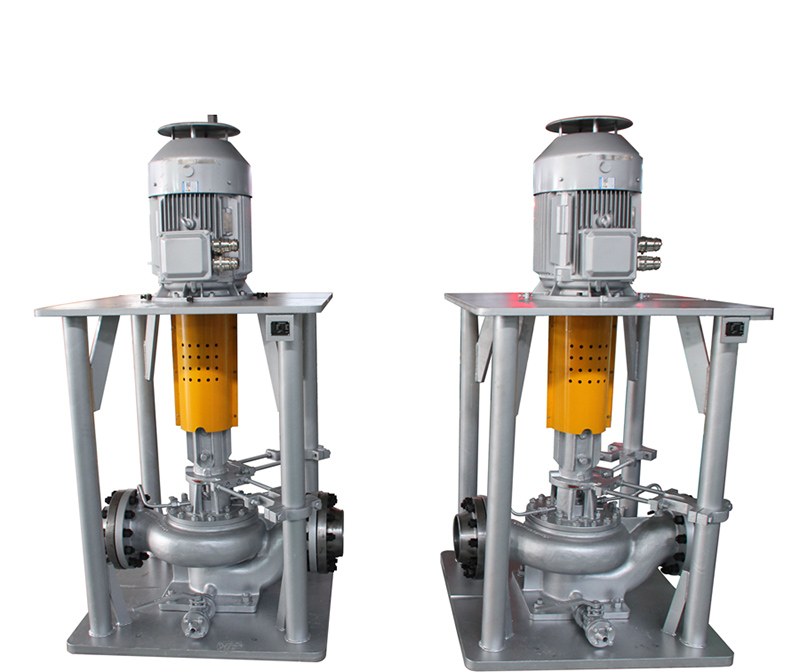 Two single-stage vertical pipeline centrifugal pumps with electric motors mounted above the hydraulic end
